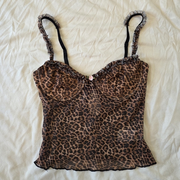 Edikted Tops - Edikted Y2K Sheer Leopard Print Mesh Corset-Style Cami Top